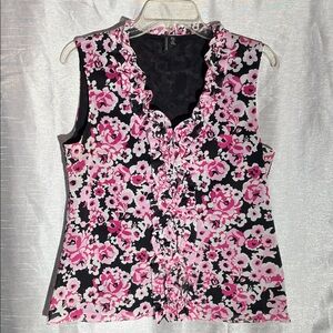 Floral Ruffle Sleeveless Top - Pink and Black